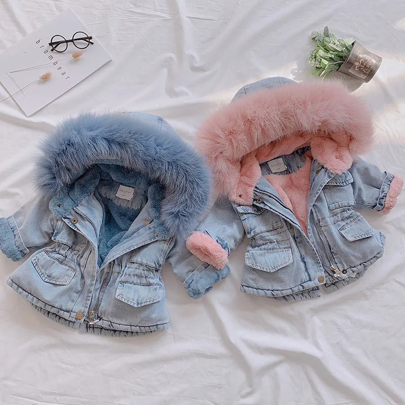 Girl's blue denim coat with an attached hood and plus velvet lining, shown on a hanger.