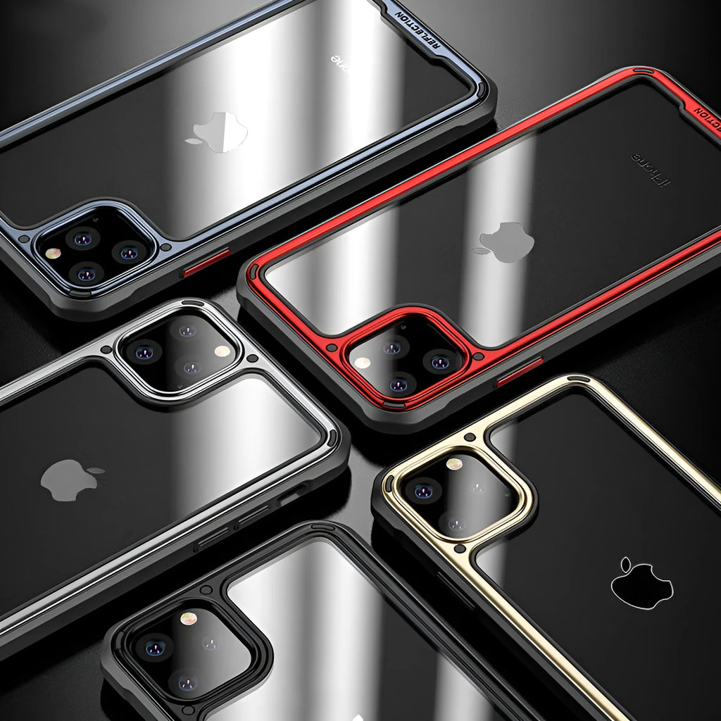 Transparent silicone iPhone 11 case showing six colour options with business style design