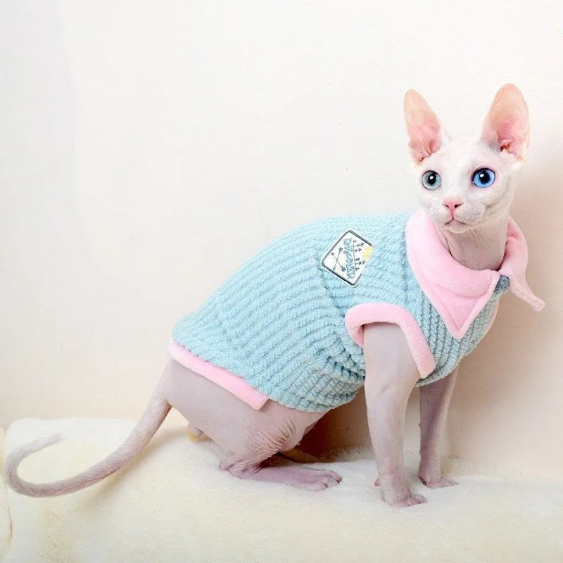Blue wool two-legged cat clothing for hairless cats with pink edging