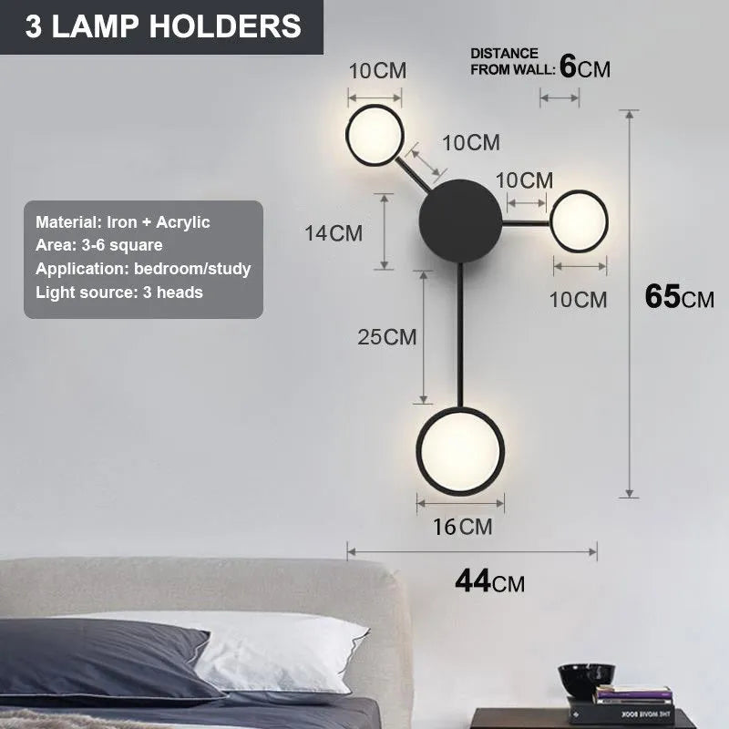 Contracted bedroom wall lamp iron acrylic 6-head 54W 96.5cm wide mounted on wall in black finish