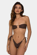 Brown tube-top push-up bikini swimsuit with ring detailing and split hem.