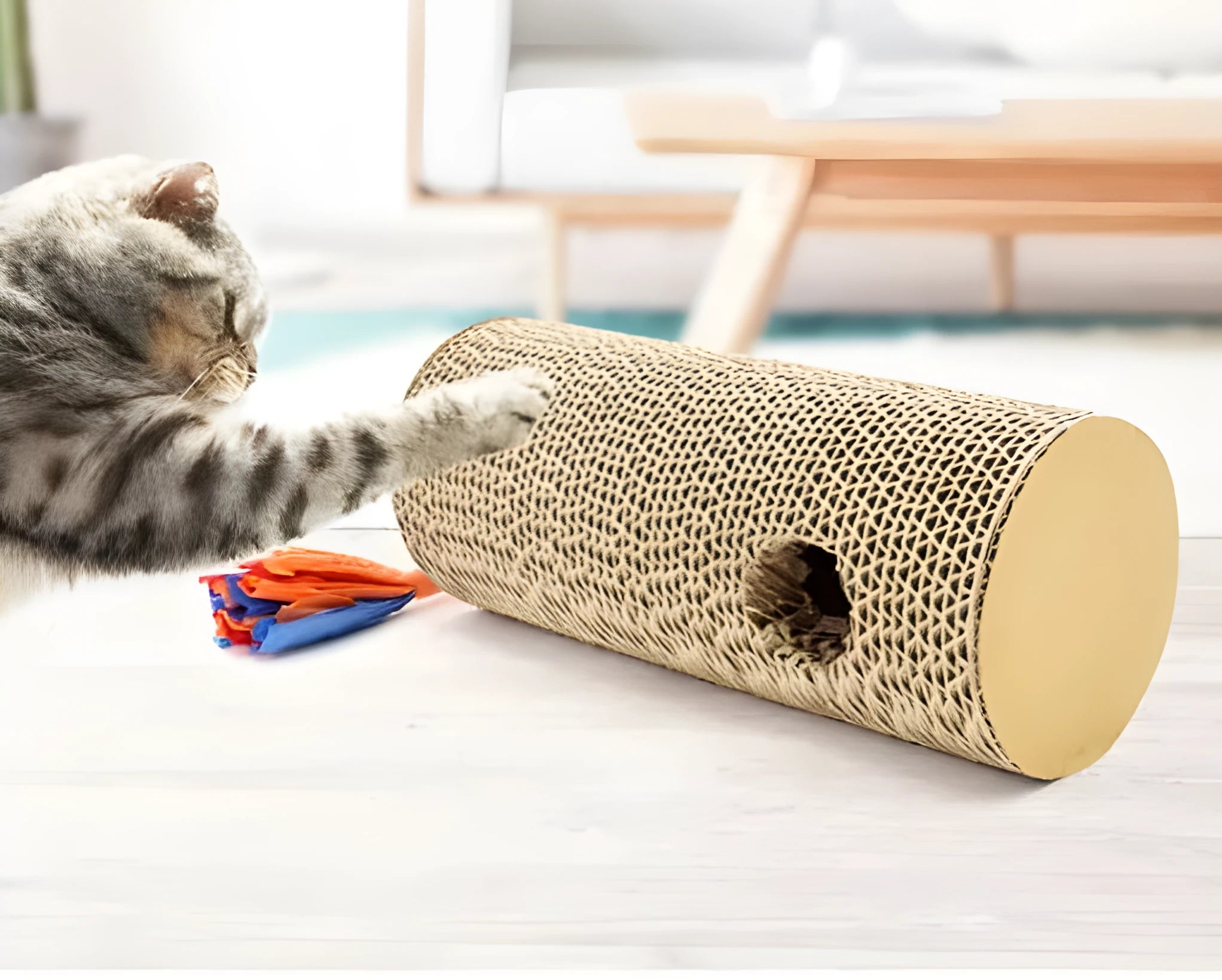 Cat scratching board made from environmental protection corrugated paper in beige and brown, suitable for floor or wall mounting.