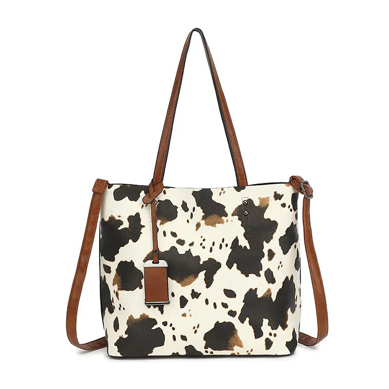 Women's soft PU shoulder bag in leopard print urban minimalist style black milk pattern and brown cow pattern