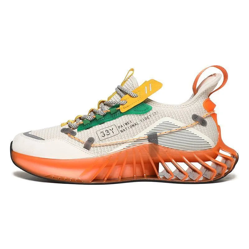 Luminous men's casual running shoes in black green with flying fabric upper and flat heel