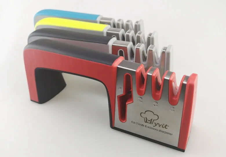 4-in-1 manual kitchen knife and scissor sharpener in black and red, showing multiple sharpening slots.