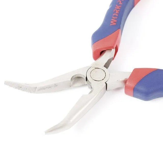 Blue handled curved nose pliers with double-colour plastic sleeves for electronics and craft work.