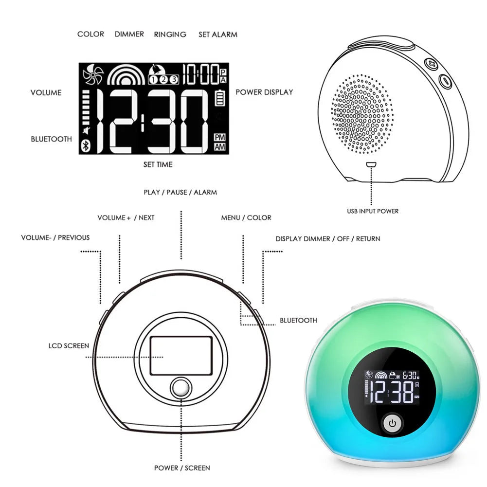 Digital music alarm clock with VA LCD screen and five fluorescent light types, compact 130 x 120 x 75 mm