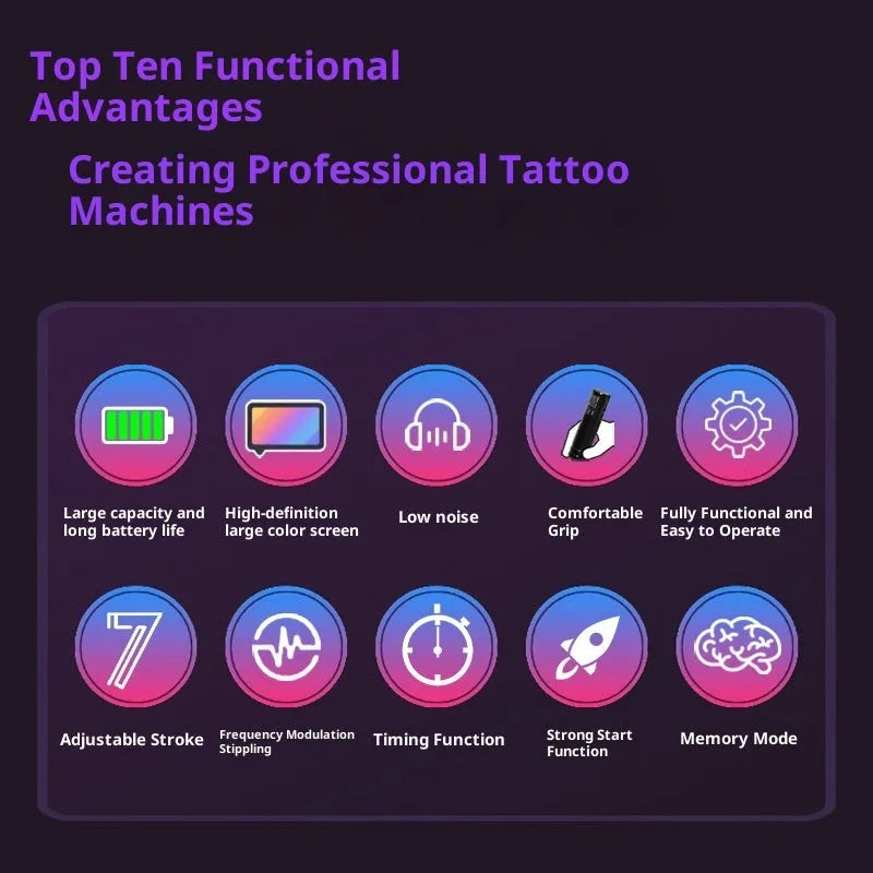 Adjustable stroke battery pen tattoo set with aluminium alloy wireless machine, 2000mAh battery, and accessories in a zipper box