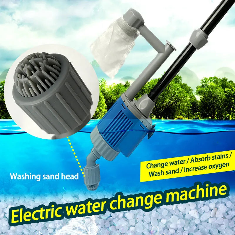 Electric aquarium water changer gravel cleaner with hose and attachments on a fish tank