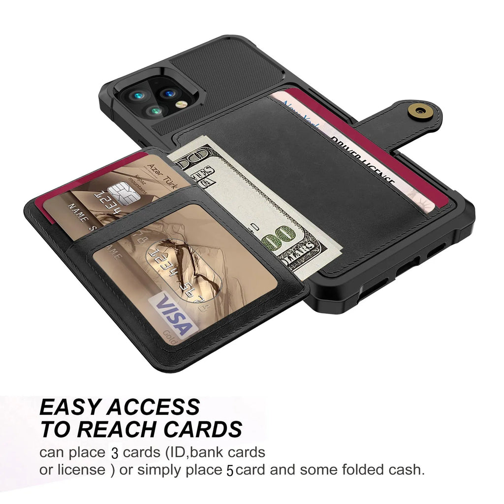 Imitation leather iPhone case with card wallet compartment in black blue green pink red colours