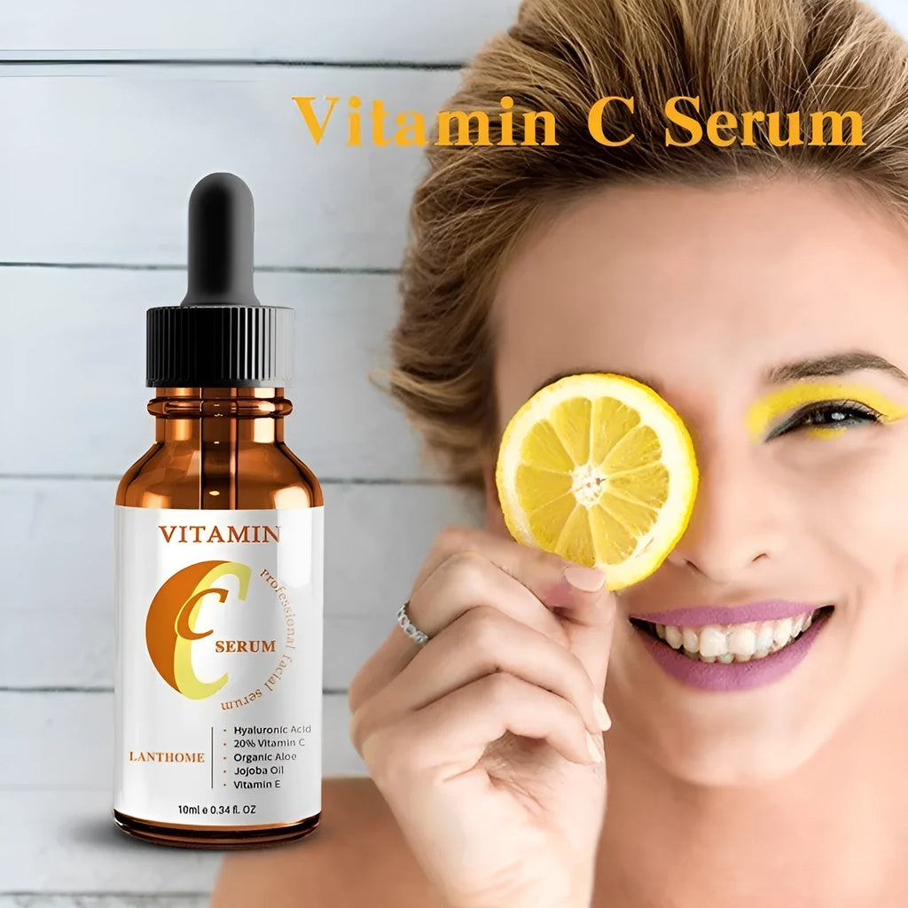 Bottle of Vitamin C and hyaluronic acid facial serum, 10ml net content, for anti-aging and whitening.