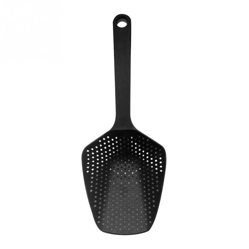 Large black nylon kitchen scoop colander strainer with 19cm diameter for draining food.