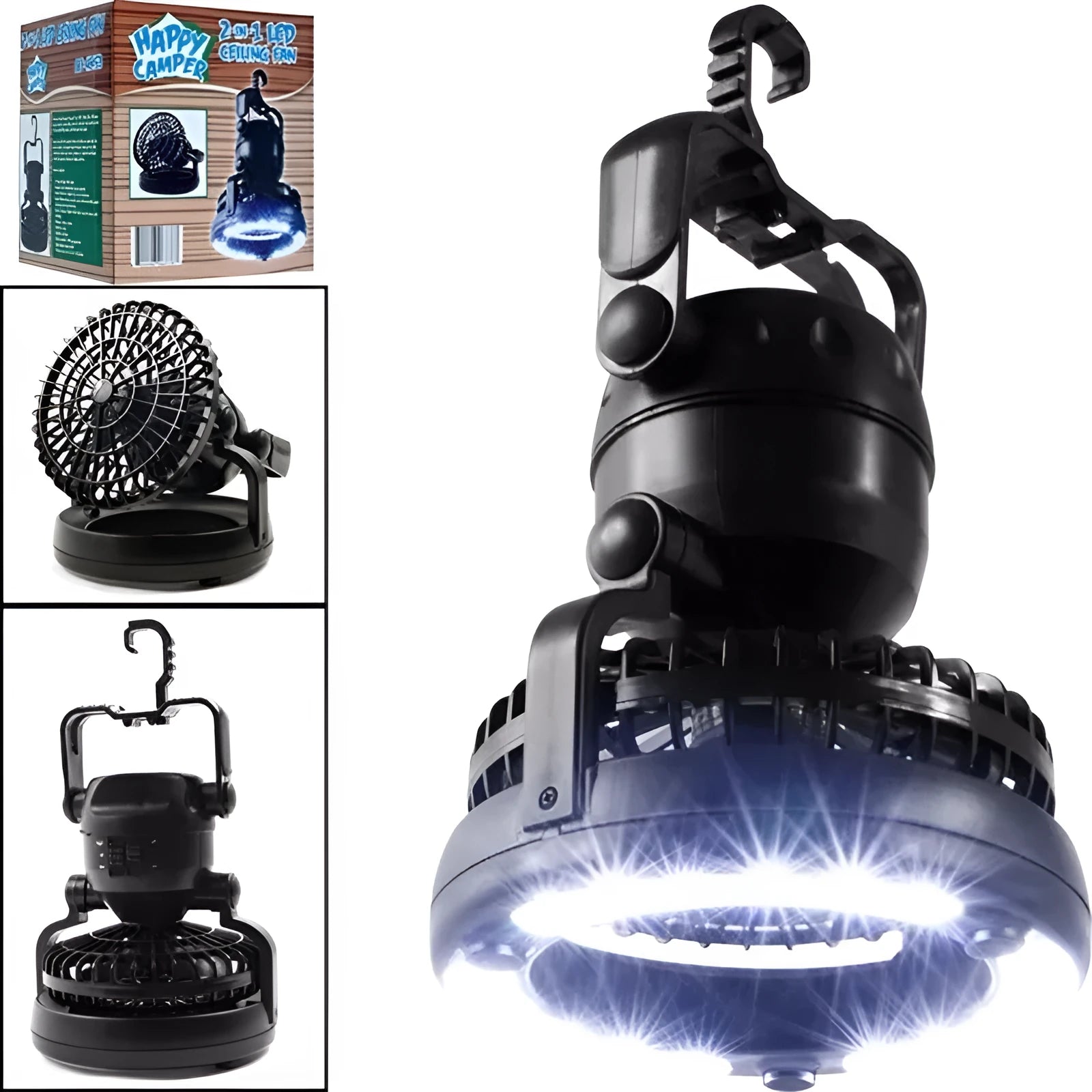 Camp fan lamp with 18 LED white light and hook, ABS body, 167 x 184 mm, black
