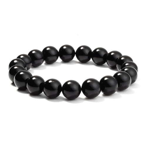 Geometric black agate bracelet with 8mm beads on a black elastic cord for women.
