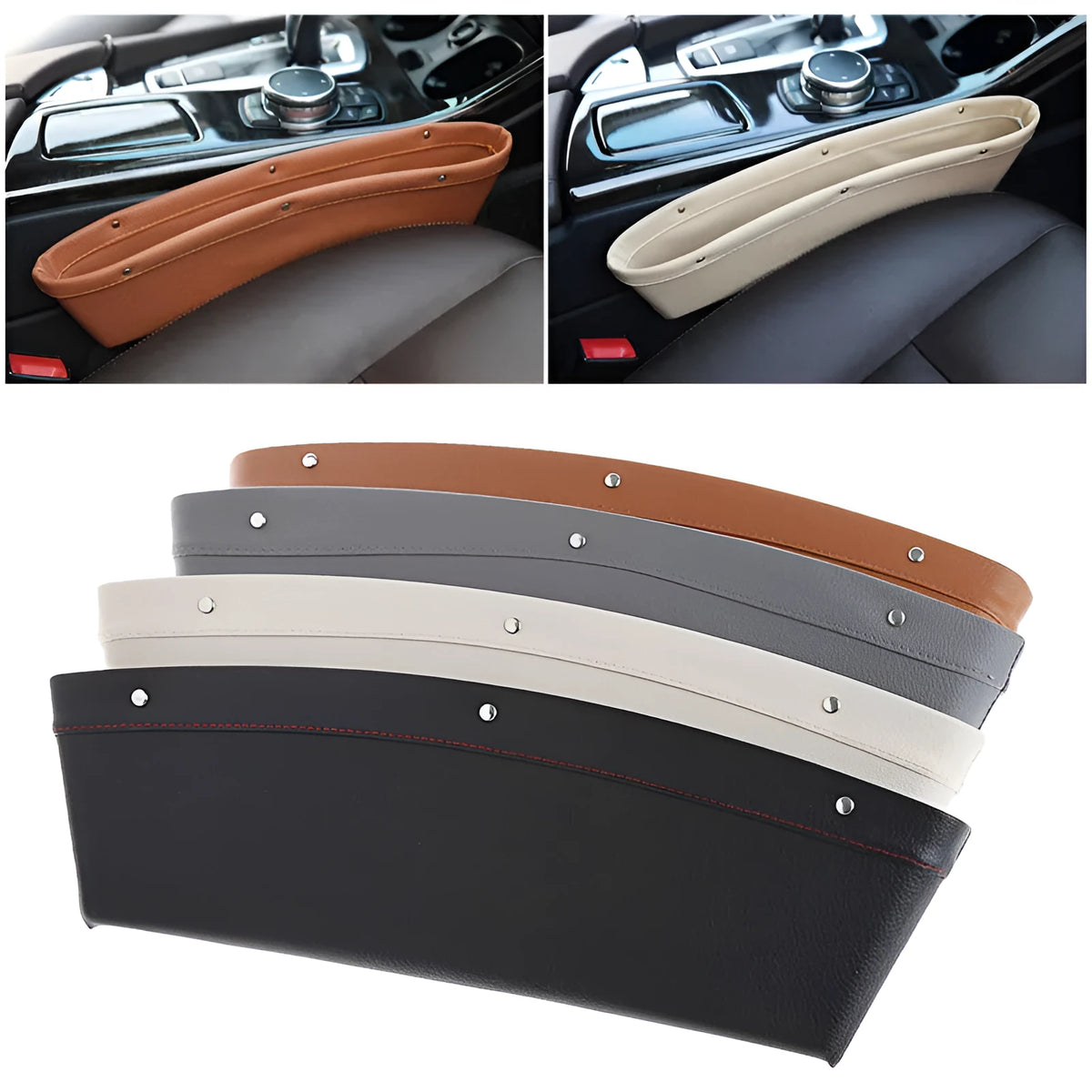 Faux leather car seat gap organiser in black holding phone, keys, and bills, fitted between car seat and centre console.