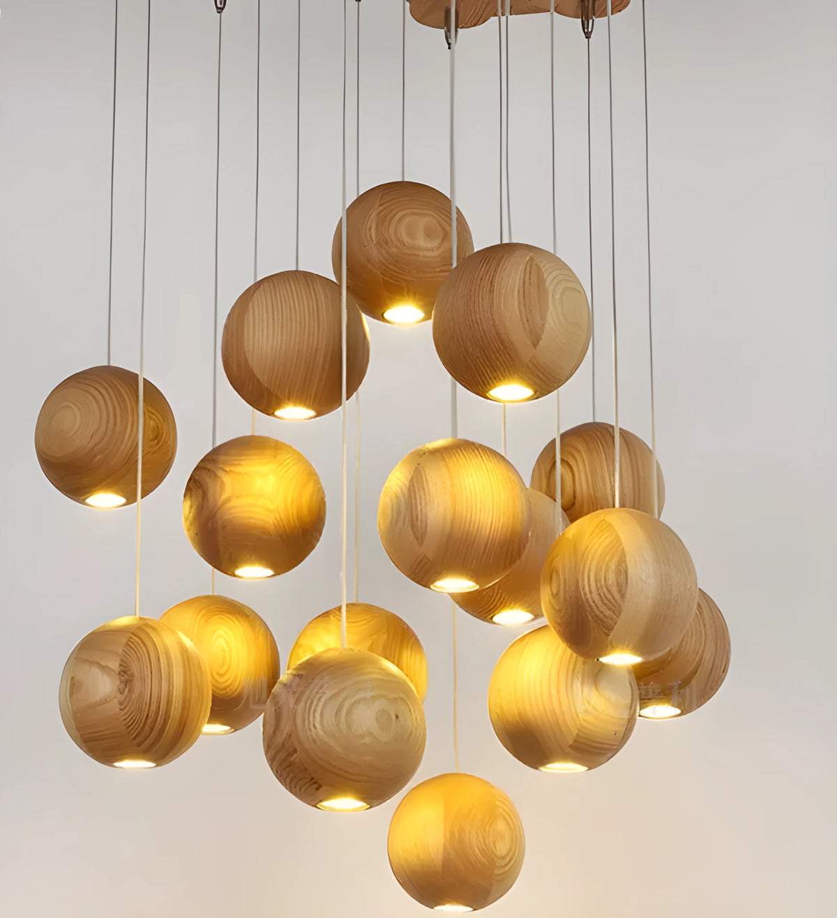 Nordic wood solid wood ball chandelier with adjustable drop and wood disc base