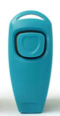 Plastic two-in-one pet ring and whistle dog training tool in black on white background