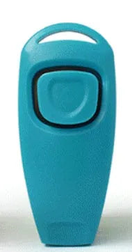 Plastic two-in-one pet ring and whistle dog training tool in black on white background