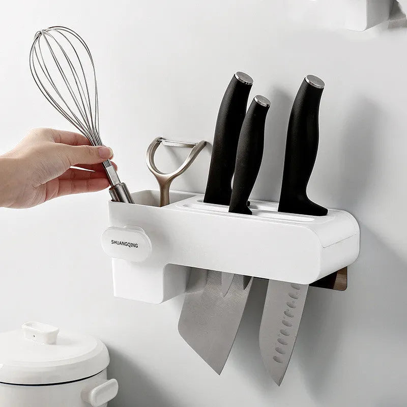 White plastic wall-mounted kitchen knife rack for utensil storage