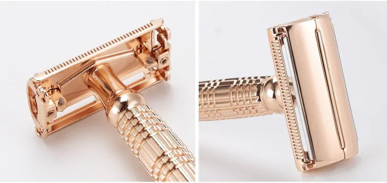 Rose gold chrome plated alloy double edge safety razor with butterfly mechanism in storage box with mirror