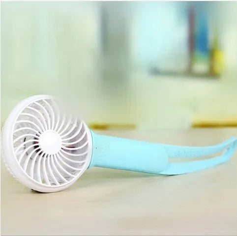 Blue mini USB portable desk fan with 200mm blades, LED light, and speed controls on a grey base.