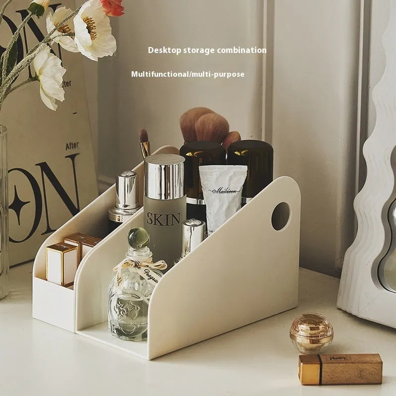 Plastic desktop organiser storage box with two layers in ivory white colour