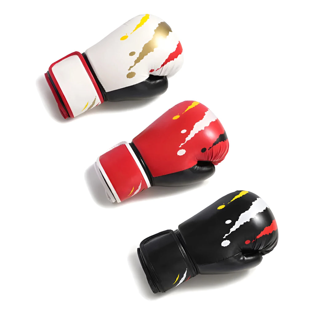 Pair of boxing training gloves with latex padding for wrist and palm protection, available in black, red, and white