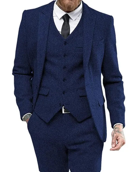 Men's three-piece viscose blend suit set with flat collar, two-button closure, black colour, front view