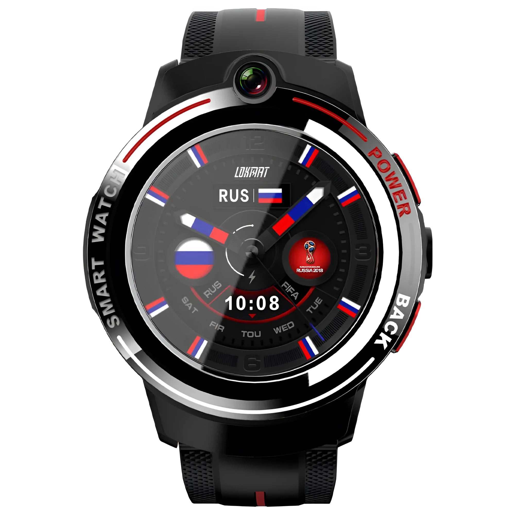 4G smart watch with ceramic bezel, AMOLED screen, rubber wristband, and touch buttons on a wrist