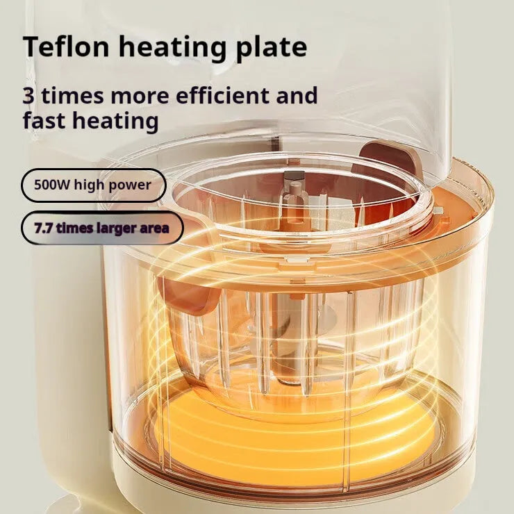 Beige multifunctional baby cooking machine with stewing and stirring functions, 30-200ml capacity, stainless steel construction