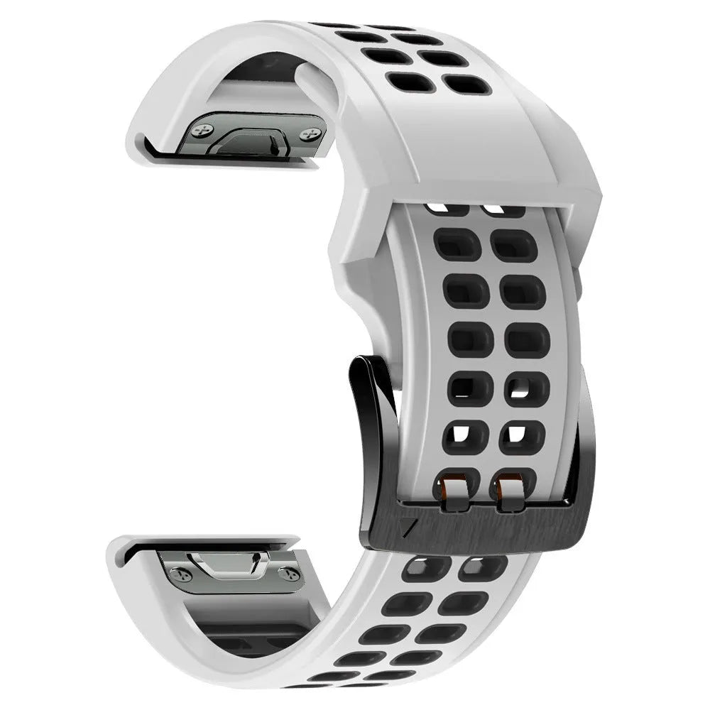 Two-colour quick-release silicone watch strap in black and lime green with pin buckle clasp.