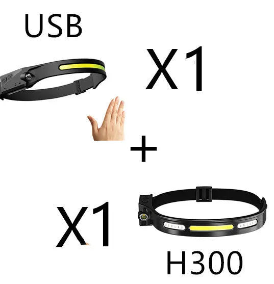 Black silicone USB rechargeable LED headlamp with side wave sensor, showing wide beam and long-range lighting.