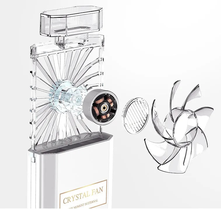 Pink portable perfume fan with rechargeable battery and fragrance misting function