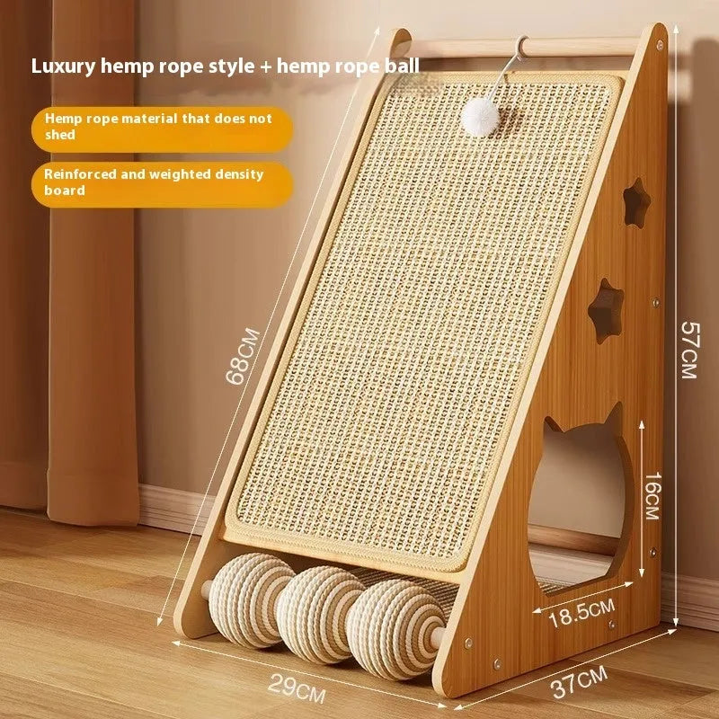 Vertical wall-mounted cat scratch board with sisal scratching surface and attached ball toy with hemp rope
