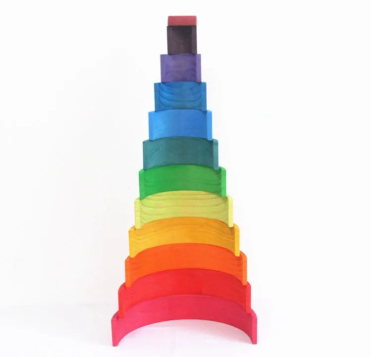 12-piece wooden rainbow arch bridge building blocks in New Zealand pine, flat size 84x35.5x18.5 cm, hand-dyed colours