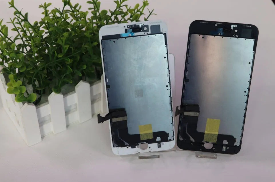 iPhone LCD touch screen replacement kit showing screen, original cover, and disassembly tool