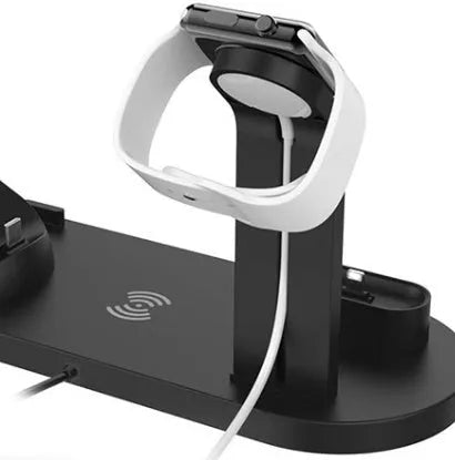 4 in 1 wireless charger stand for iPhone Samsung iWatch AirPods in black silicone material with 360 degree rotating dock