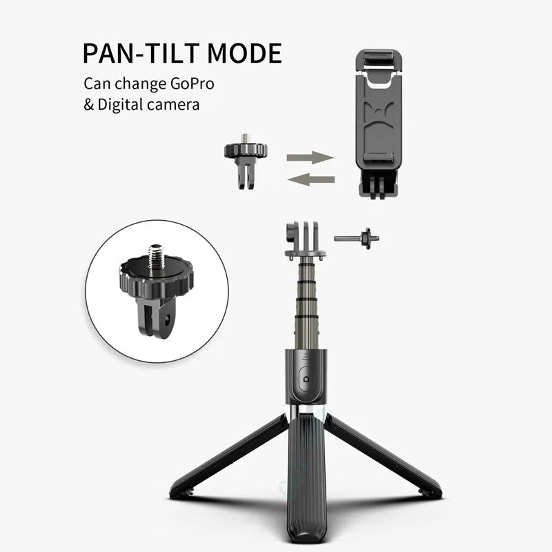 Black adjustable tripod selfie stick extended to full height with iPhone mounted