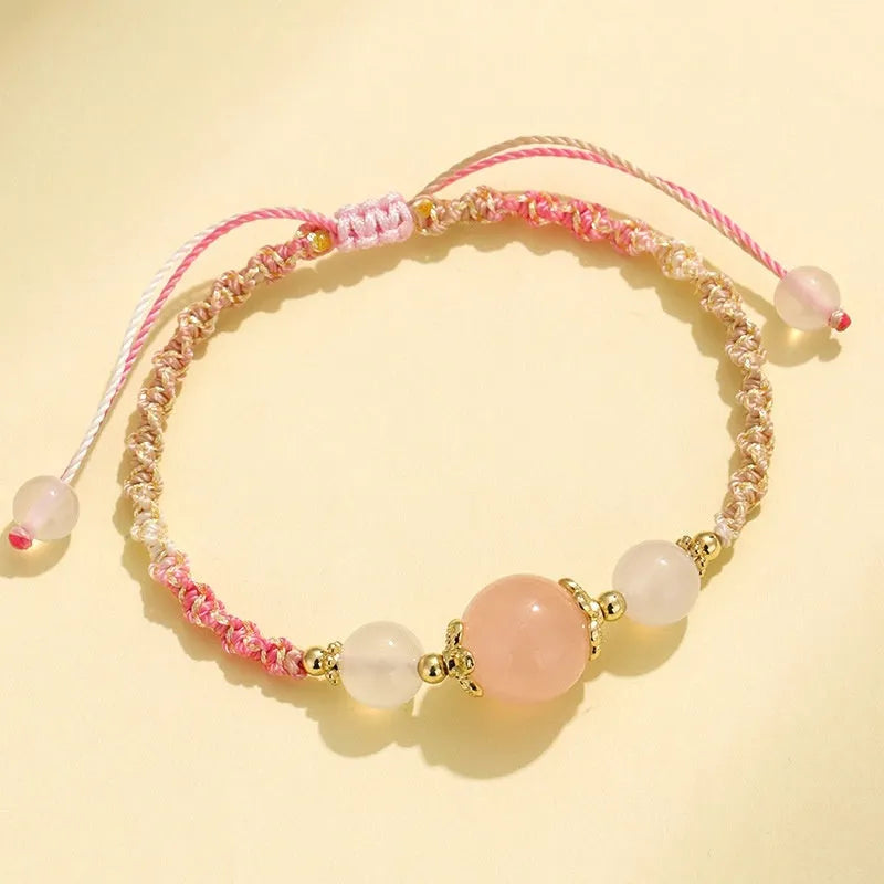 Hand-woven women's couple bracelet with gemstone beads and white agate straps in diamond pattern