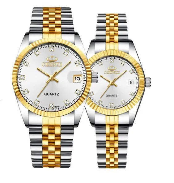 Gold men's quartz wristwatch with stainless steel strap and mineral glass display on a white surface
