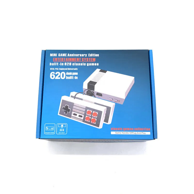 Compact black retro NES game console with two rectangular controllers on a white background.