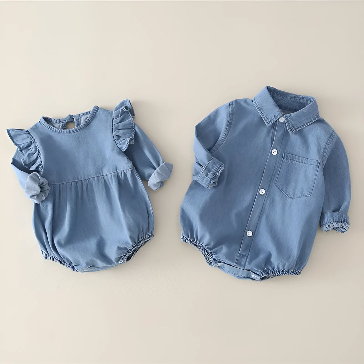 Baby girl jeans climbing suit in cotton with triangular cut for 66-90cm height
