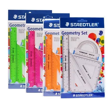 Student four-piece plastic ruler set with 15cm ruler, 30 and 45 degree triangles, and protractor in neon colours