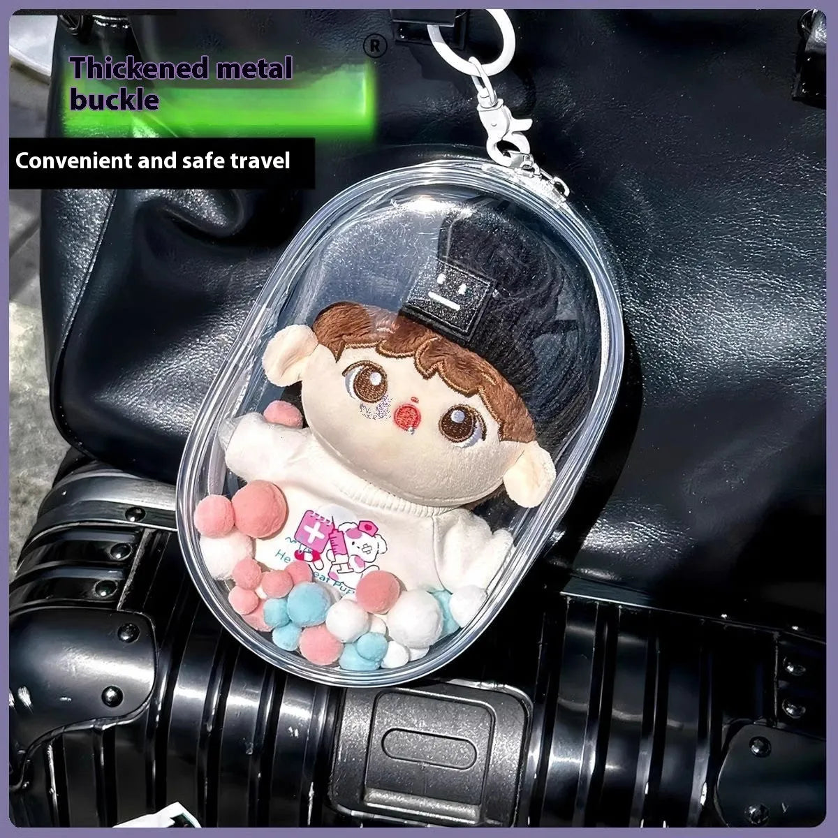 Transparent PVC cube storage bag for cotton dolls with keychain attachment.