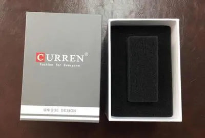 CURREN men's military sports watch with black shell case and brown leather band, 45mm dial showing date
