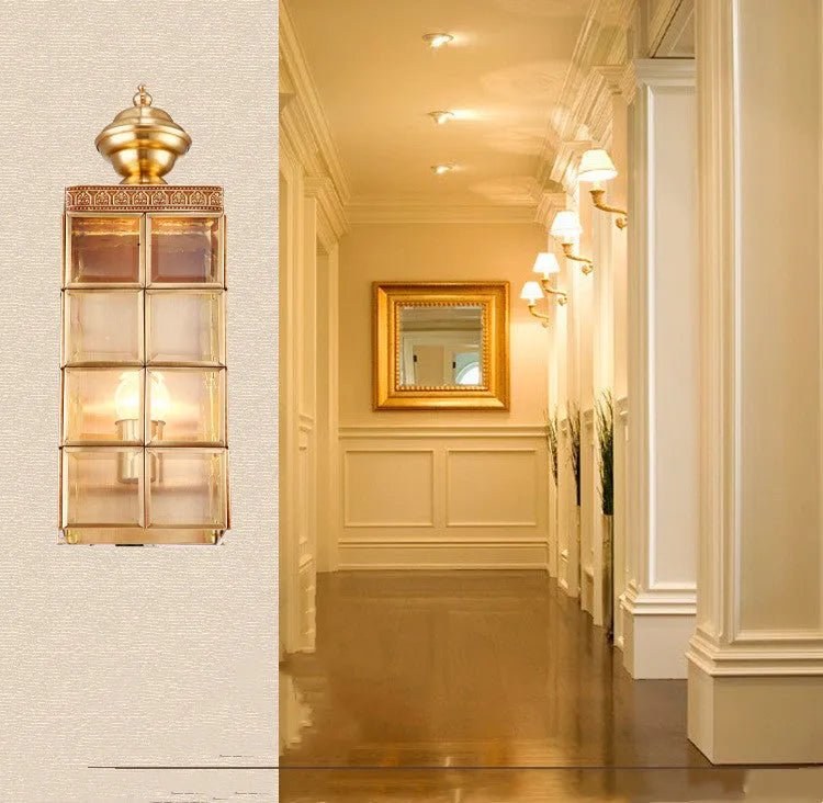 Modern European full copper wall lamp with glass shade, gold finish, 130x410x150mm