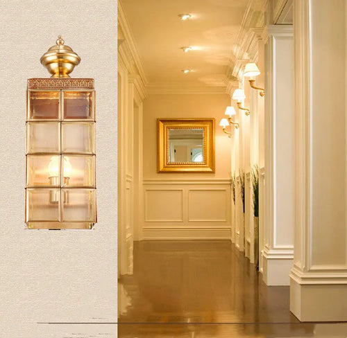Modern European full copper wall lamp with glass shade, gold finish, 130x410x150mm