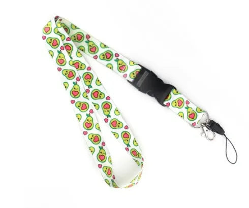 Polyester phone lanyard with a green fruit avocado cartoon printed on both sides, showing the buckle.