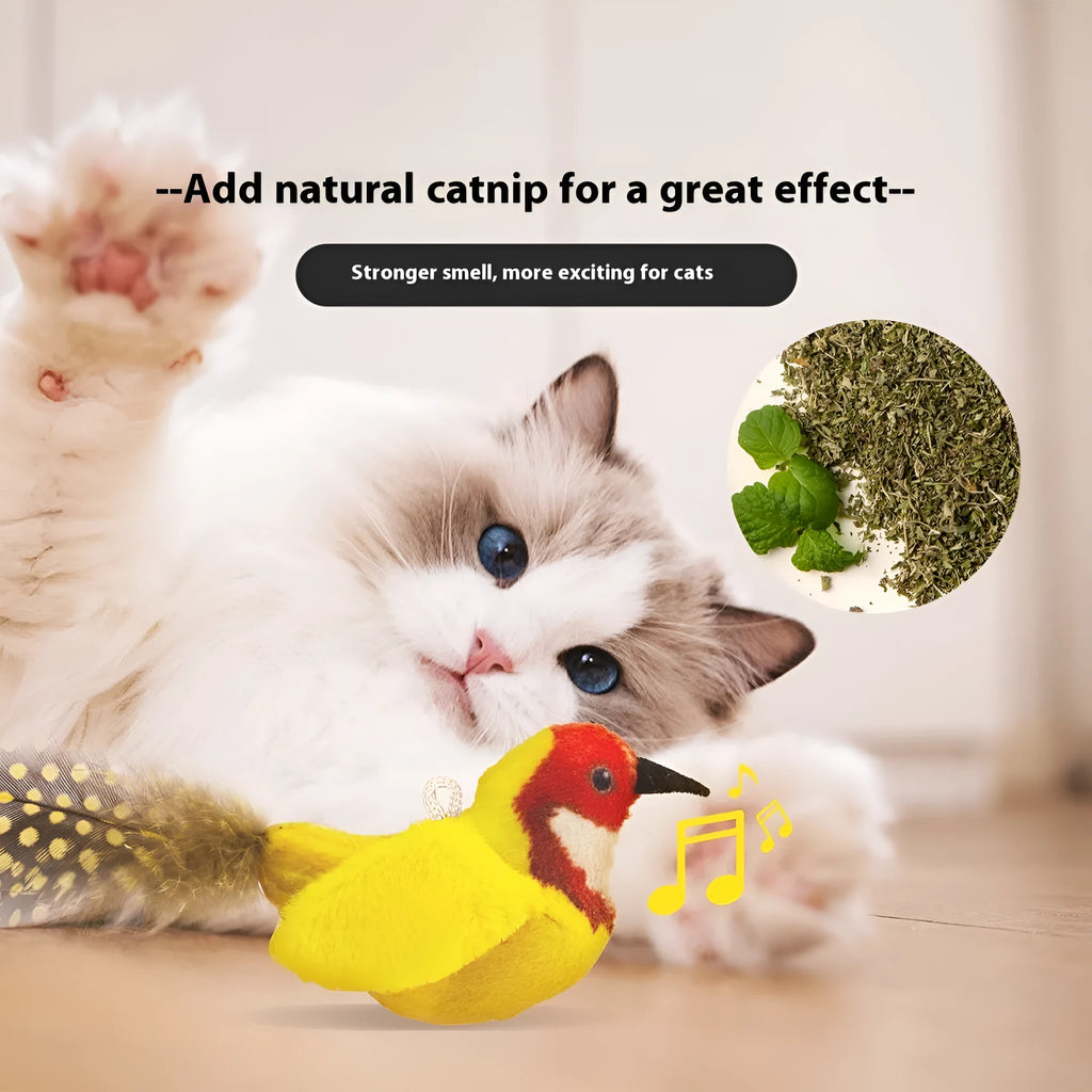 Colourful bird simulation cat plush toy with flapping wings in blue kingfisher design