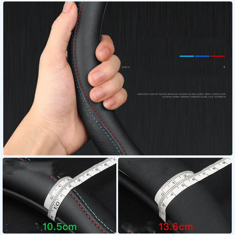 Black Napa leather steering wheel cover for Suzuki vehicles with 38cm diameter